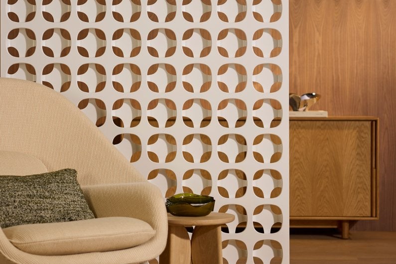 Detail of Design 5 panel with womb chair